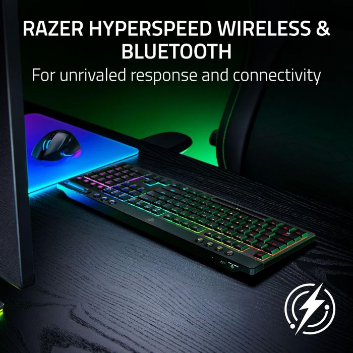 Клавіатура механічна BlackWidow V4 Low-profile HyperSpeed, 104key, Orange Switch, USB-A/WL/BT, EN, RGB, чорний
