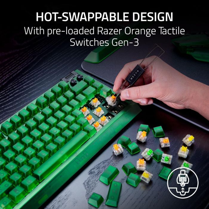 Клавіатура механічна Razer BlackWidow V4 75%, 83key, Mechanical Tactile Switch GEN-3, USB-A, EN, RGB, Phantom Green Ed.