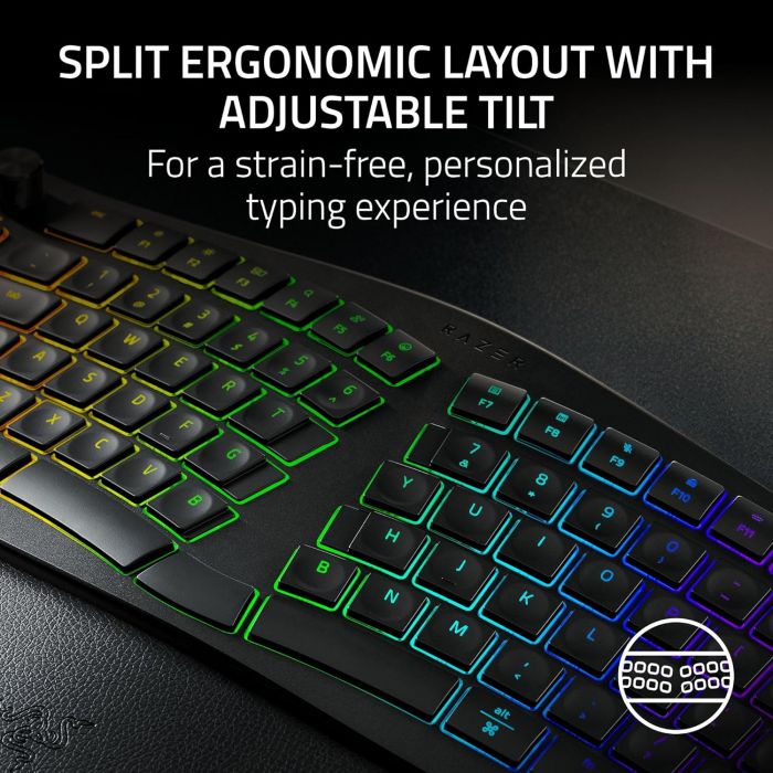 Клавіатура мембранна Razer Pro Type Ergo, 118key, USB-A/WL/BT, EN, RGB, чорний