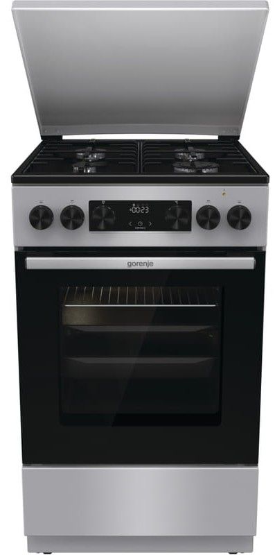 Плита Gorenje комбінована, 70л, 50x60см, металева кришка, дисплей, IconLed, емальовані, сірий