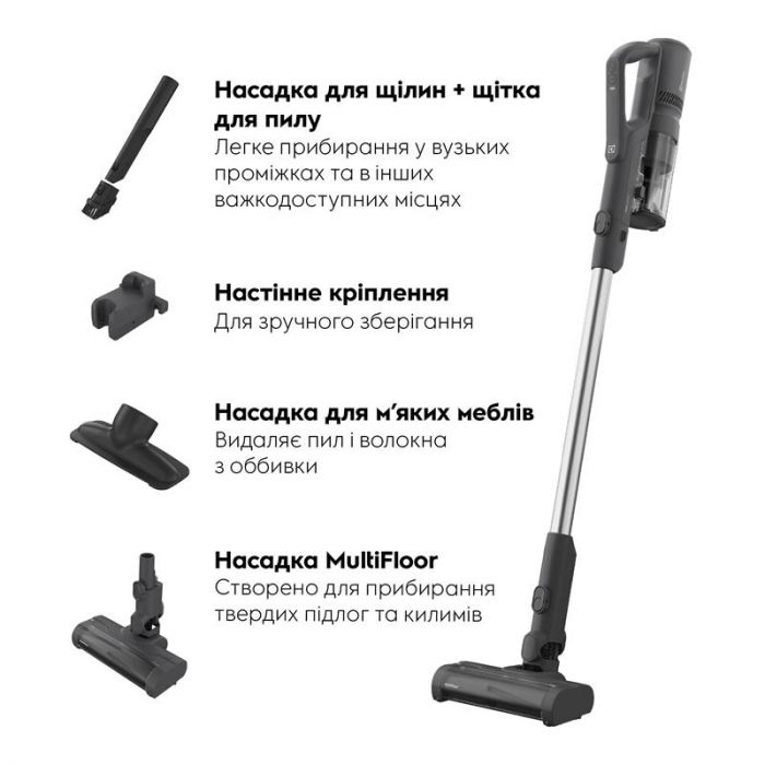 Пилосос Electrolux бездротовий, конт пил -0.3л, автон. робота до 50хв, вага-1.9кг, HEPA10, 3 насадки, синій
