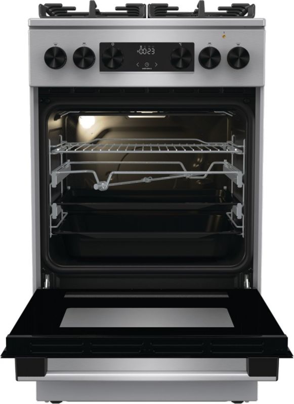 Плита Gorenje комбінована, 70л, 50x60см, дисплей, IconLed, газ на склі, чавун, нерж