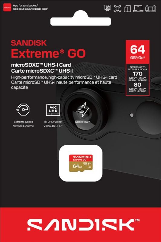 Карта пам'яті SanDisk microSD   64GB C10 UHS-I U3 A2 V30 R170/W80MB/s Extreme GO