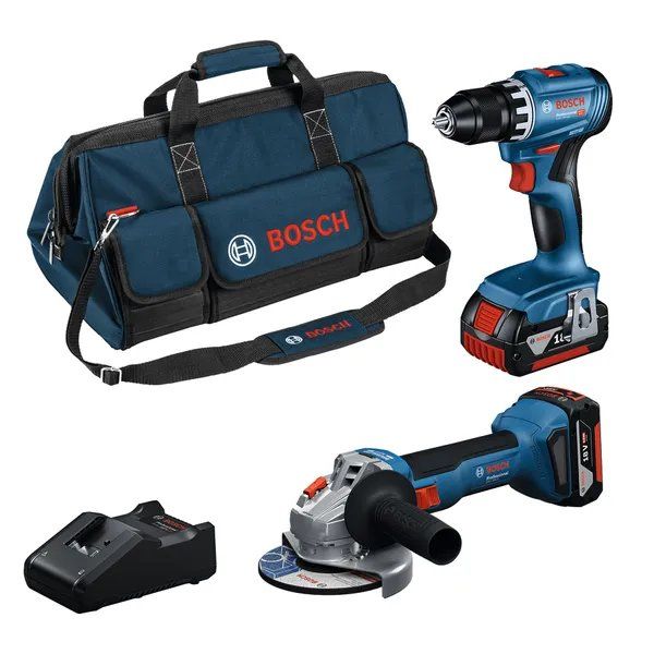 Набір із двох акумуляторних інструментів Bosch Professional 18В дриль-шурупокрут GSR 18V-45, Шліфмашина кутова GWS 18V-8, акб 2x4А·год, ЗП, сумка M-BAG
