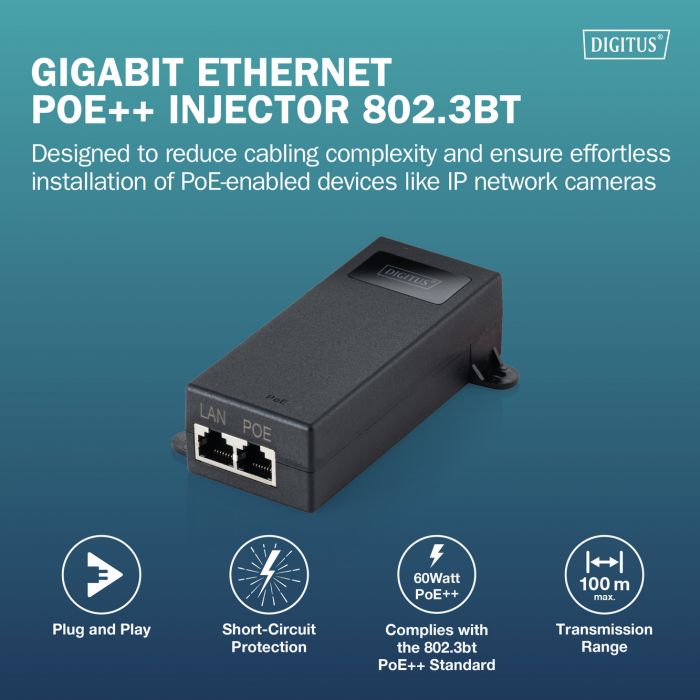 PoE-Інжектор DIGITUS PoE++ 802.3bt, 10/100/1000 Mbps, Output max. 48V, 60W