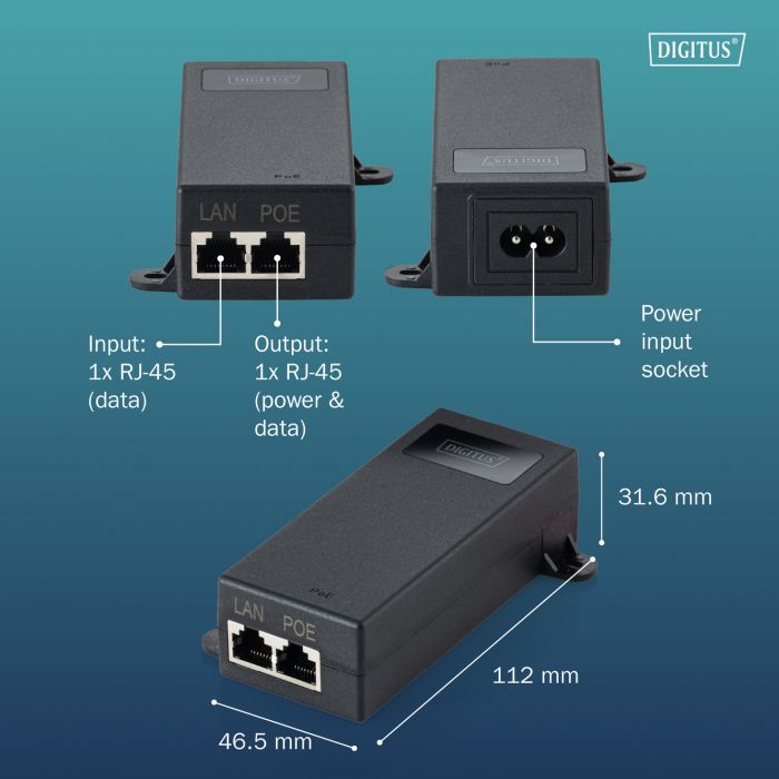 PoE-Інжектор DIGITUS PoE++ 802.3bt, 10/100/1000 Mbps, Output max. 48V, 60W