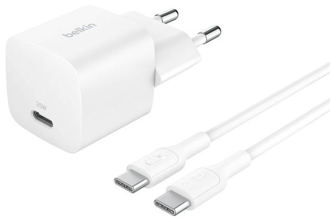 Зарядний пристрій мережевий Belkin 25Вт USB-С PD PPS, кабель USB-С > USB-C, 1м, PVC, білий