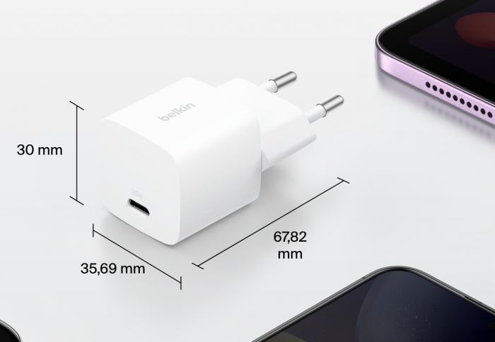 Зарядний пристрій мережевий Belkin 25Вт USB-С PD PPS, кабель USB-С > USB-C, 1м, PVC, білий