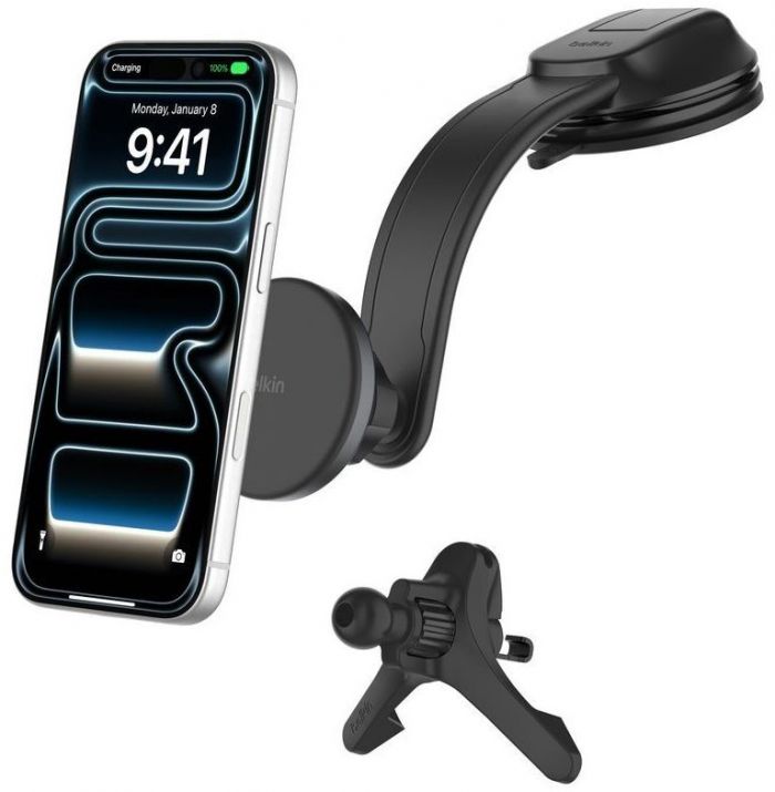 Автомобільний тримач смартфона Belkin Qi2 з бездротовою зарядкою (дефлектор/панель) + USB-C 27Вт