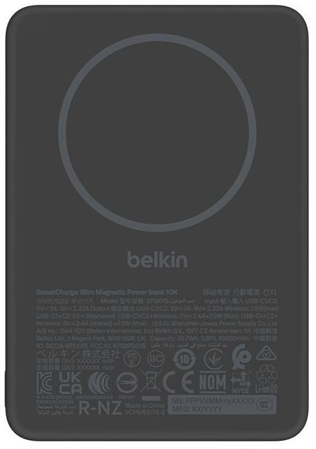 Акумулятор портативний літій-іонний Power Bank Belkin 10000мА·год, 15Вт, Slim Magnetic, чорний