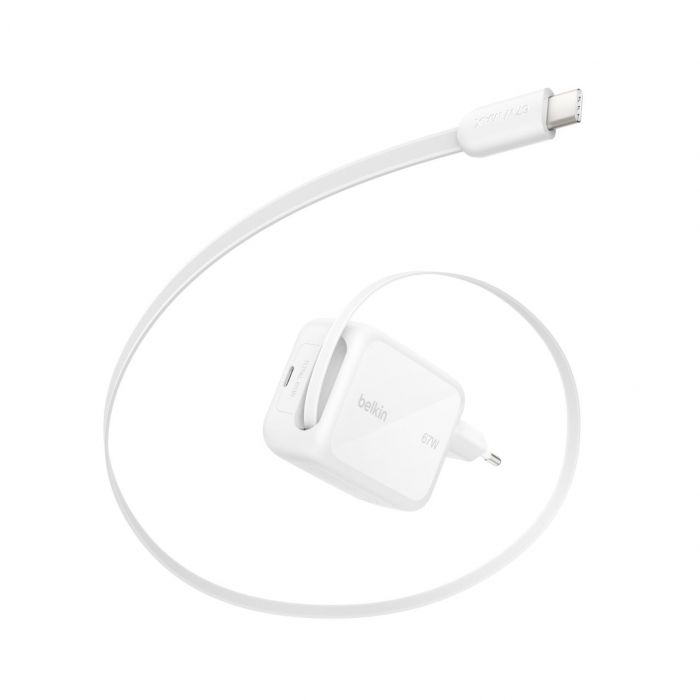 Зарядний пристрій мережевий Belkin 67Вт USB-C PD, PPS, вбудований кабель USB-C, білий