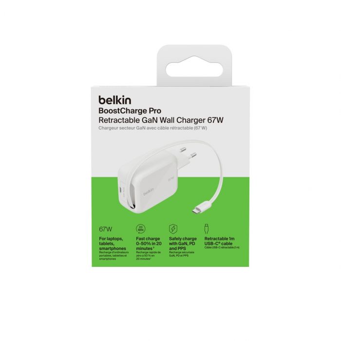 Зарядний пристрій мережевий Belkin 67Вт USB-C PD, PPS, вбудований кабель USB-C, білий