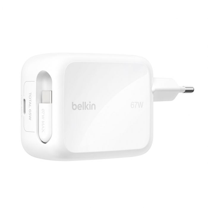 Зарядний пристрій мережевий Belkin 67Вт USB-C PD, PPS, вбудований кабель USB-C, білий