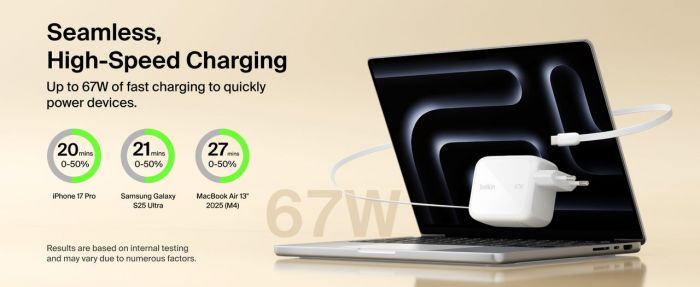 Зарядний пристрій мережевий Belkin 67Вт USB-C PD, PPS, вбудований кабель USB-C, білий