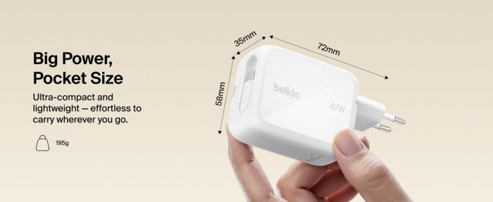 Зарядний пристрій мережевий Belkin 67Вт USB-C PD, PPS, вбудований кабель USB-C, білий