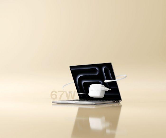 Зарядний пристрій мережевий Belkin 67Вт USB-C PD, PPS, вбудований кабель USB-C, білий