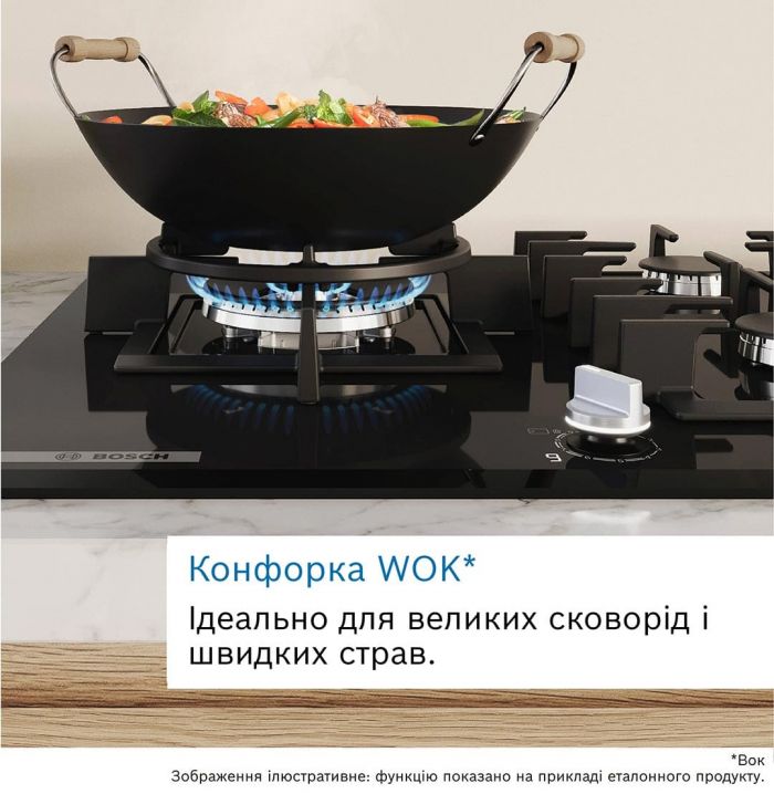 Варильна поверхня Bosch газова на склі, 60см, чавун, WOK, чорний