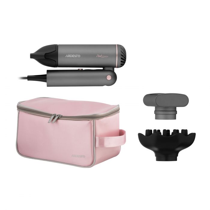 Фен ARDESTO Pink Touch, 1300Вт, 2 швидкості, 3 темп.режими, складана ручка, дорожня сумка, сірий+рожевий