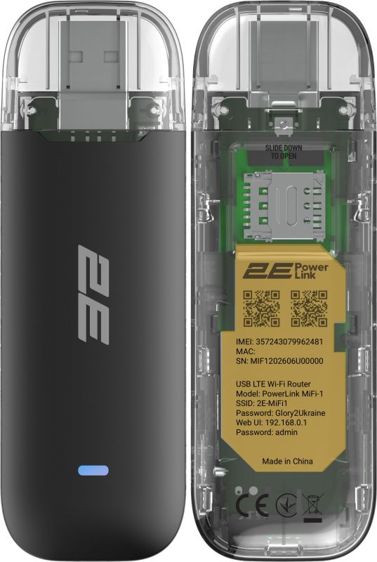 Мобільний маршрутизатор 2E PowerLink MiFi-1 (2026) LTE, Wi-Fi4, 1xUSB, 1xCRC9 чорний-прозорий