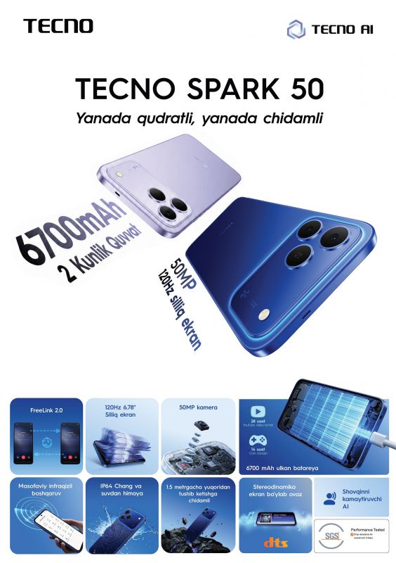 Смартфон TECNO Spark 50 (KN4n) 6.78" 4/128ГБ, 2SIM, 6700мА•год, Neo Titanium