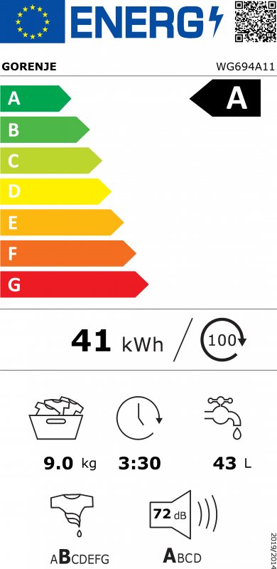 Пральна машина Gorenje фронтальна, 9кг, 1400, A+++, 54см, дисплей, інвертор, пара, Wi-Fi, білий