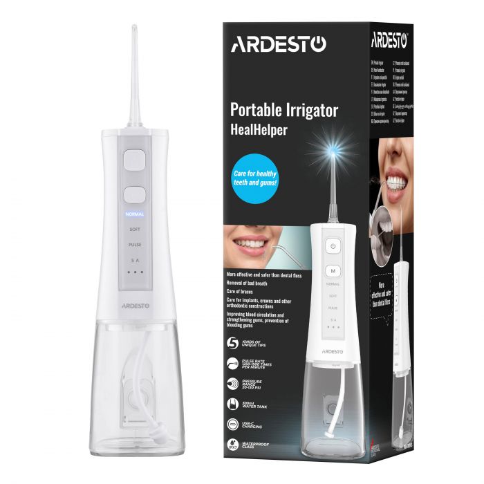 Іригатор ARDESTO портативний, чаша 300 мл, Li-ion акум., в компл. чохол, 6 насадок,USB-C > USB-A, білий