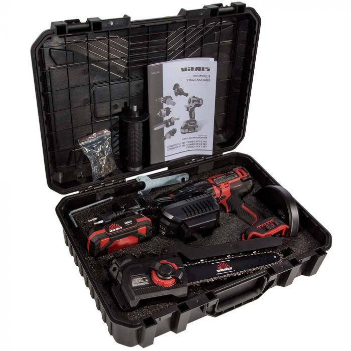 Набір акумуляторних інструментів Vitals Master COMBO KIT 3.1 18В модулі шурупокрута пилки ланцюгової шліфмашини акб 1х2А·год 1х4А·год ЗП кейс