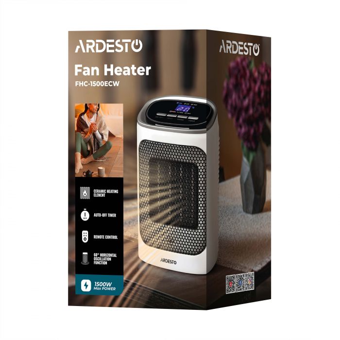 Тепловентилятор ARDESTO FHC-1500ECW 15м2, 1500Вт, ел. упр-ння, керам. нагрів. елемент, білий