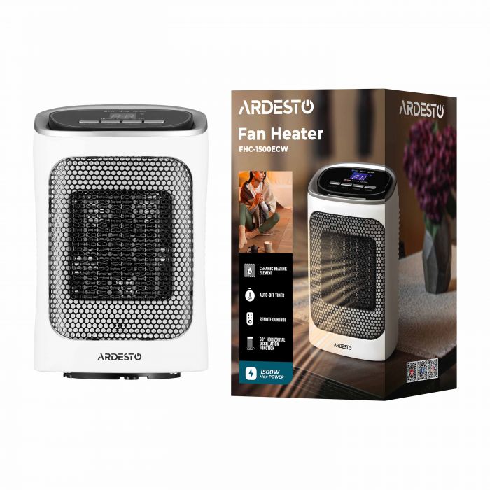 Тепловентилятор ARDESTO FHC-1500ECW 15м2, 1500Вт, ел. упр-ння, керам. нагрів. елемент, білий