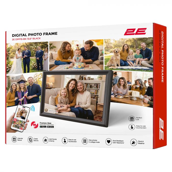 Цифрова фоторамка 2E DPF15-BK 15.6", IPS, FHD, 1GB, 32GB, динаміки 2x2Вт, ПЗ Frameo, сенсорний екран, WiFi, чорна
