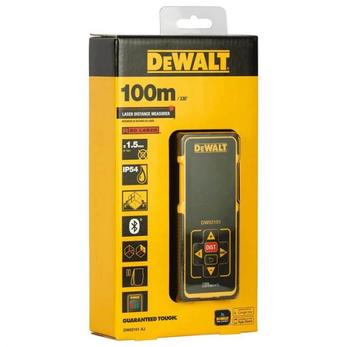 Далекомір лазерний DeWalt DW03101, 0-100м, C ± 0.15 мм/м, 2AАA, IP54, 0.28кг червоний