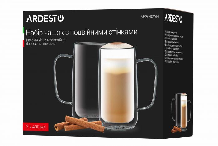 Набір чашок з ручками і подвійними стінками ARDESTO, 400мл, 2шт, боросилікатне скло, прозорий
