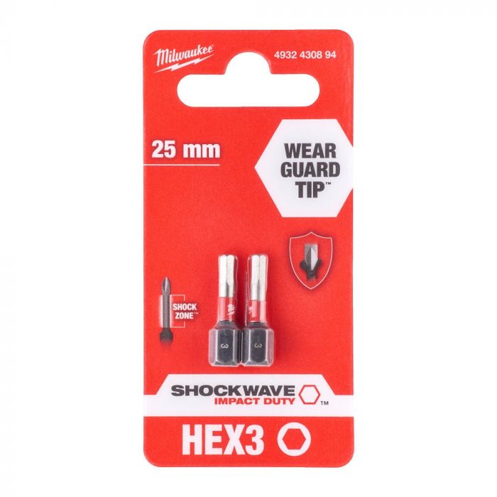 Біти Milwaukee Shockwave, набір 2шт, Hex3х25мм