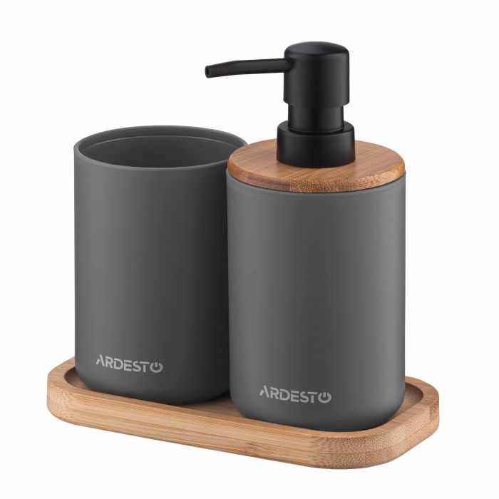 Набір для ванної кмінати Ardesto Minimalism 360мл, 3 предмети, поліпропілен, бамбук, сірий темний