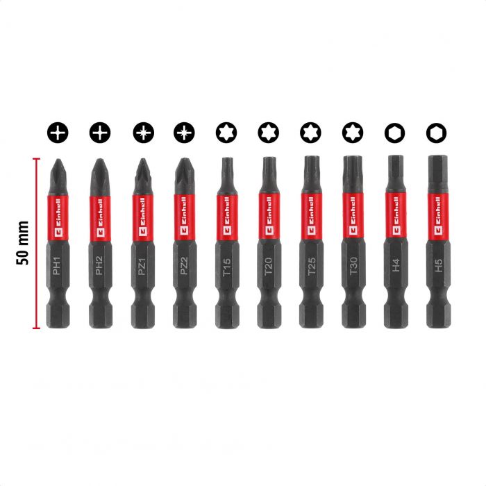 Біти Einhell 50мм бітотримач з карабіном, PH, PZ, T, H набір 10шт
