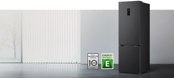 Холодильник LG з нижн. мороз., 203x60х68, холод.відд.-262л, мороз.відд.-113л, 2дв., E, NF, інв., диспл зовн., зона св-ті, чорний