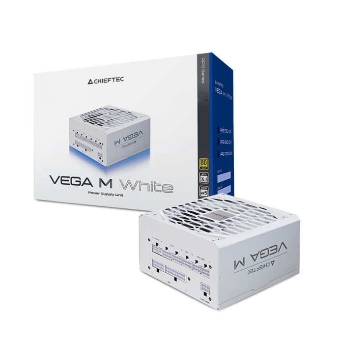 Блок живлення CHIEFTEC Vega M (1000W), >90%, 80+ Gold, 135мм FDB, 1xMB 24pin(20+4), 2xCPU 8pin(4+4), 3xMolex, 6xSATA, 4xPCIe 8pin(6+2), 1xPCIe GEN5 16pin, Fully Modular, White