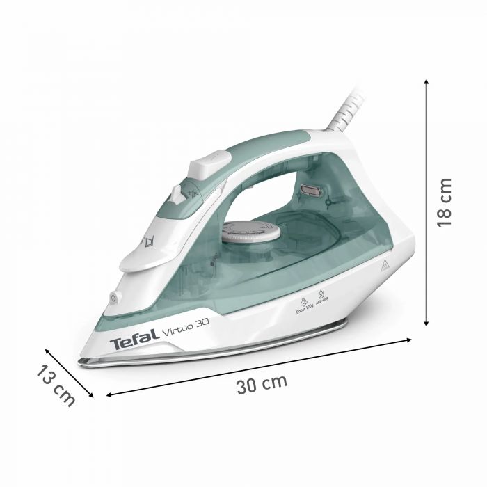 Праска Tefal Virtuo 30, 2000Вт, 240мл, паровий удар -120гр, постійна пара - 27гр, керам. підошва, біло-зелений