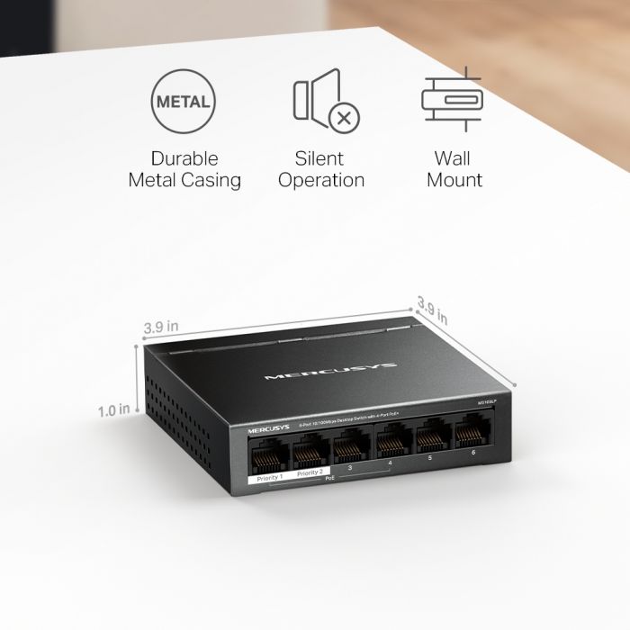 Комутатор MERCUSYS MS106LP 6xFE (4xPoE), 40Вт, Некерований