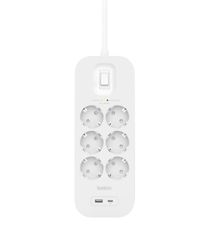 Подовжувач мережевий Belkin 2м, 6хТипF, 16А, USB-A/USB-C 18Вт, фільтр, білий
