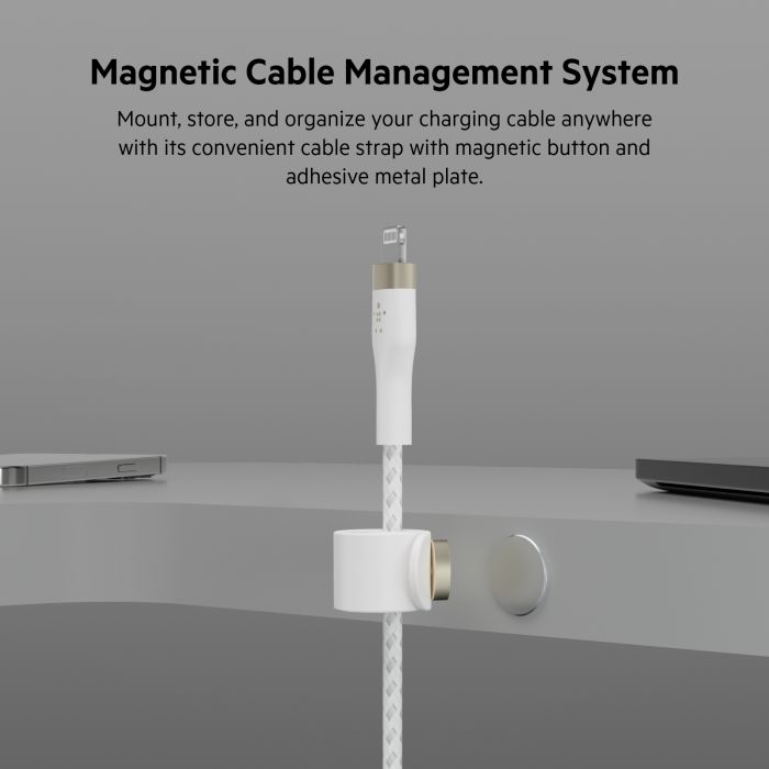 Кабель Belkin USB-C > Lightning заряджання/синхронізації 30Вт PD, 1м, плетений, силіконовий, з ремінцем на магніті, білий