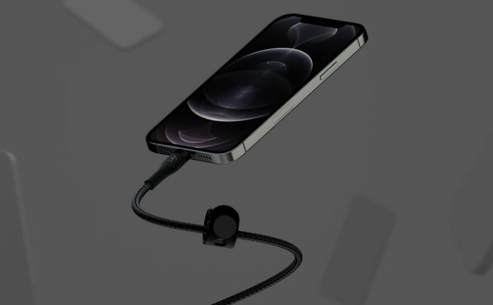 Кабель Belkin USB-C > Lightning заряджання/синхронізації 30Вт PD, 1м, плетений, силіконовий, з ремінцем на магніті, чорний