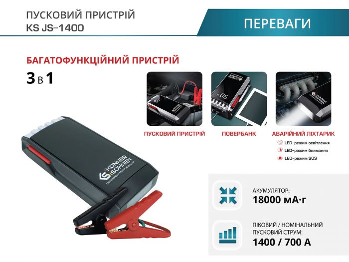 Пуско-зарядний пристрій портативний Konner&Sohnen KS JS-1400, 18000мА·год, струм 700А/пік 1400А, 0.95кг
