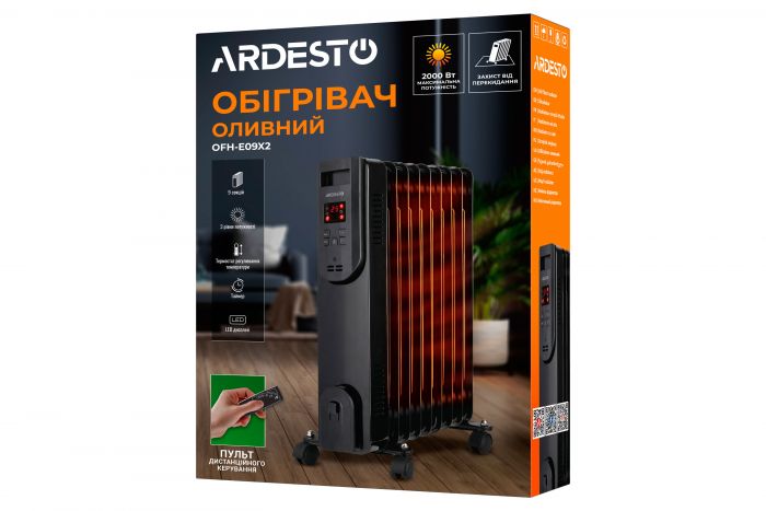 Обігрівач оливний ARDESTO OFH-E09X2 20м2, 2000Вт, електр. упр-ння, 9 секцій, пульт ДК, чорний