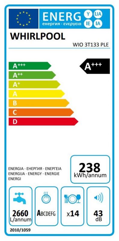 Посудомийна машина Whirlpool вбудована, 14компл., A+++, 60см, дисплей, 3й кошик, білий