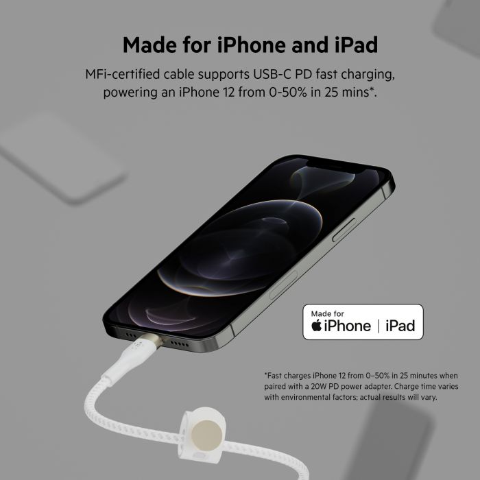 Кабель Belkin USB-C > Lightning заряджання/синхронізації 30Вт PD, 1м, плетений, силіконовий, з ремінцем на магніті, білий