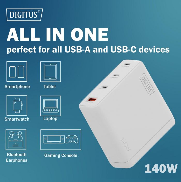 Зарядний пристрій DIGITUS GaN 3хUSB-C, 1хUSB-A, 140W