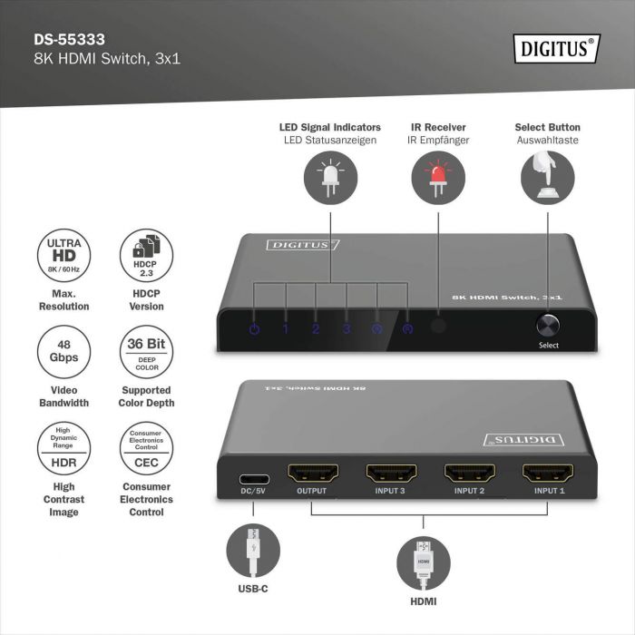 Відеокомутатор DIGITUS UHD HDMI (INx3 - OUTx1), 8K