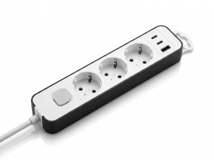 Подовжувач мережевий 2E TwoColors 3м, 3xТипF, 16A, 2xUSB-C, 1x USB-A, біло-чорний