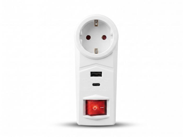 Адаптер мережевий 2E 1xТипF, 16A, 1xUSB-A, 1xUSB-C, білий